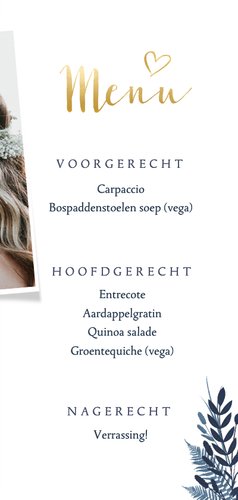 Stijlvolle donkerblauwe botanische trouw menukaart 3