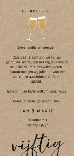 Stijlvolle jubileum uitnodiging 50 jaar en champagne Achterkant