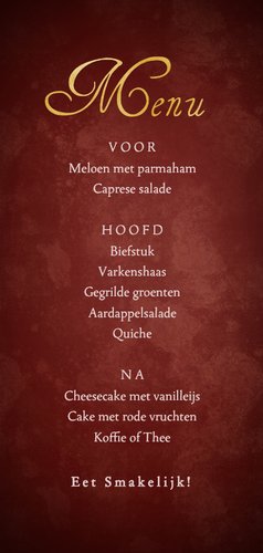 Stijlvolle kerst- menukaart rode kerstboom en gouddetails Achterkant