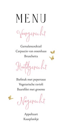 Stijlvolle menukaart bladertakken in roze vlindertjes goud Achterkant