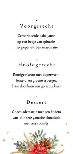 Stijlvolle menukaart kersttakken bloem kerstster en goud Achterkant