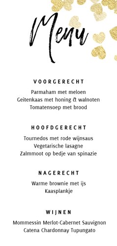 Stijlvolle menukaart met gouden hartjes en typografie Achterkant