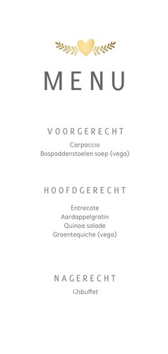 Stijlvolle menukaart voor een huwelijk met gouden duifjes 3
