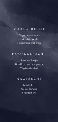 Stijlvolle menukaart vormsel donkerblauw waterverf takje Achterkant