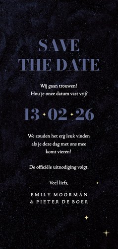 Stijlvolle save the date trouwkaart gouden sterren blauw 3