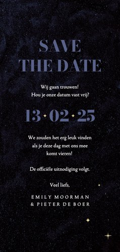 Stijlvolle save the date trouwkaart gouden sterren blauw 3