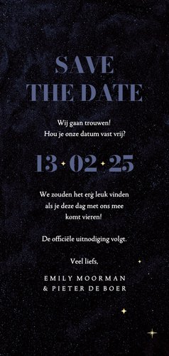 Stijlvolle save the date trouwkaart gouden sterren blauw 3