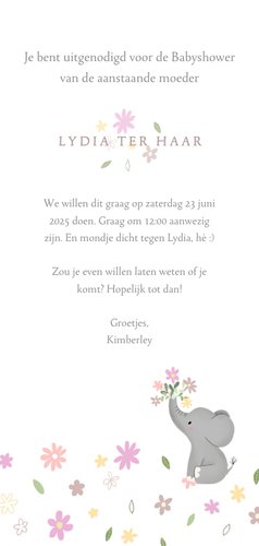 Stijlvolle uitnodiging babyshower met olifantje & bloemetjes Achterkant