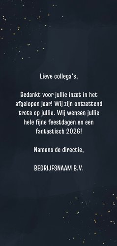 Stijlvolle zakelijke kerstkaart typografie 2026 en goud Achterkant