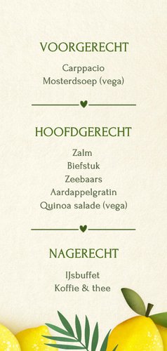 Stijlvolle zomerse trouw menukaart met 2 citroentjes 3