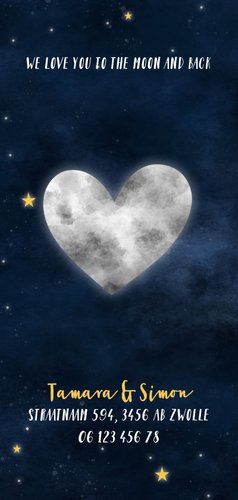 Stoer geboortekaartje met hartvormige maan, sterren & heelal 2