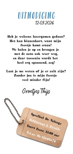 Stoere uitnodiging met label en legerprint Achterkant