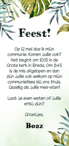 Stoere uitnodiging met trendy botanische bladeren Achterkant