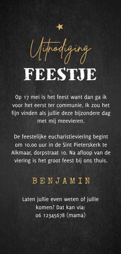 Ticket communiefeest sterren goud slingers foto krijt Achterkant