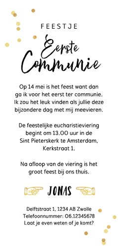 Ticket uitnodiging communie foto goud confetti Achterkant