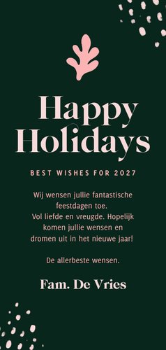 Trendy kerstkaart met abstracte vormen en foto donkergroen Achterkant