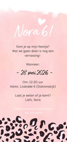 Trendy kinderfeest uitnodigingskaart met roze panterprint Achterkant