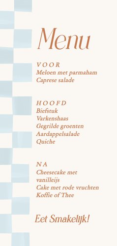 Trendy menukaartje blauw geblokt met koperfolie Achterkant