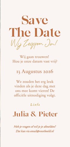 Trendy save the date kaart met oranje boogje en goudfolie 3