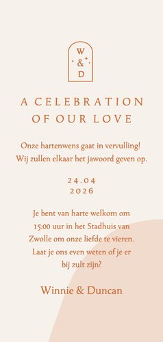 Trendy trouwkaart in roze aardetinten met boog langwerpig 3