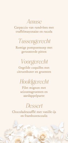 Trouw menukaart met stijlvolle witte papieren bloemen Achterkant