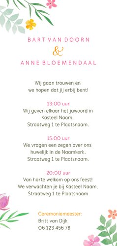 Trouwkaart langwerpig kleurrijk botanisch Achterkant