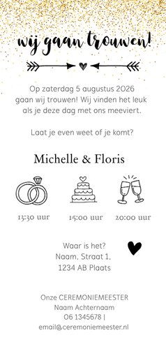 Trouwkaart - langwerpig met pijl en eigen foto  Achterkant