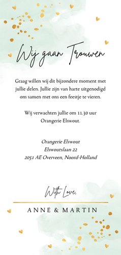 Trouwkaart langwerpig waterverf mintgroen goudlook 3