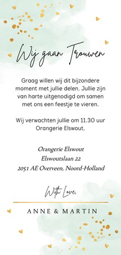 Trouwkaart langwerpig waterverf mintgroen goudlook 3