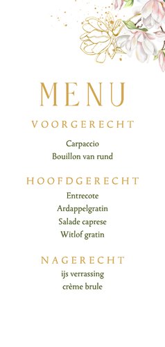 Trouwkaart menu magnoliatakken met goudfolie 3