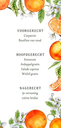 Trouwkaart menu sinaasappels met bloesem 3