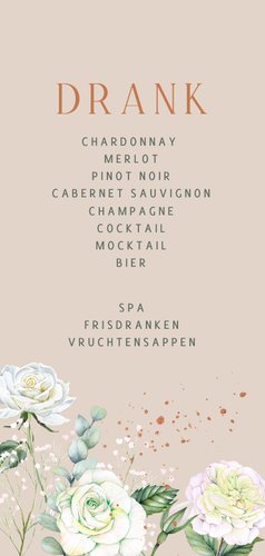 Trouwkaart menu witte rozen met koperfolie 2