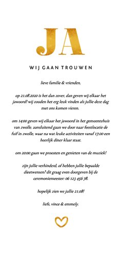 Trouwkaart met foto en gouden accenten langwerpig Achterkant