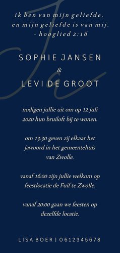 Trouwkaart met gouden 'JA' langwerpig Achterkant