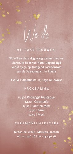 Trouwkaart oud roze waterverf gouden spetters Achterkant
