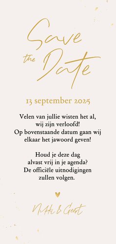 Trouwkaart save the date foto goud persoonlijk Achterkant