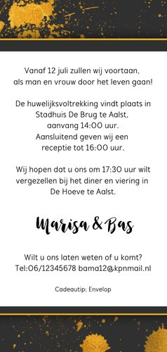 Trouwkaart spetterend goud Achterkant
