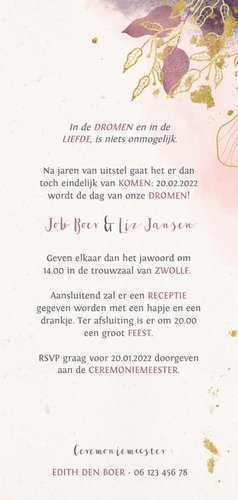 Trouwkaart stijlvol met foto, waterverf en gouden bloemen 3