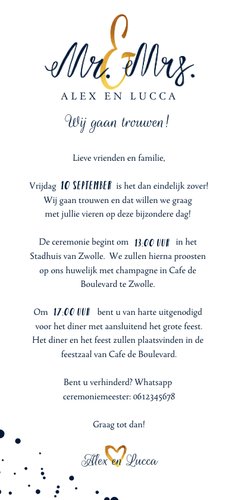 Trouwkaart stijlvol met goudaccenten en inktspetters Achterkant