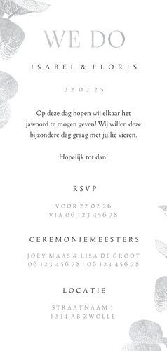 Trouwkaart tijdlijn eucalyptustak in zilver Achterkant