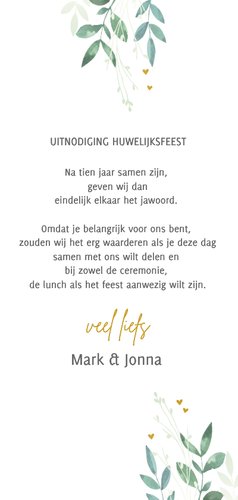 Trouwkaart tijdlijn met illustraties en takjes Achterkant