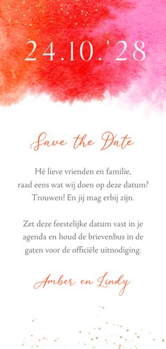 Trouwkaart uitnodiging save the date kalender waterverf roze Achterkant