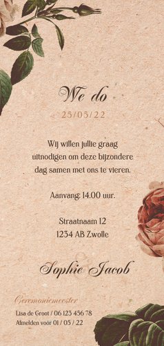 Trouwkaart vintage met foto en bloemen Achterkant