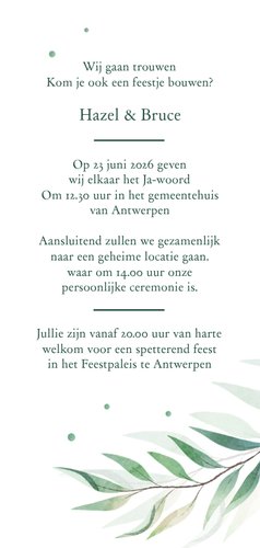 Trouwuitnodiging met bladeren en stippen Achterkant