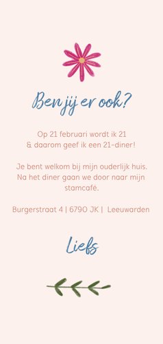 Uitnodiging 21 diner met paarse bloem Achterkant