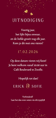 Uitnodiging 40 jaar getrouwd jubileumfeest robijn goud hart Achterkant