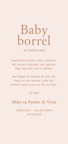 Uitnodiging baby borrel roze met een lijntekening Achterkant