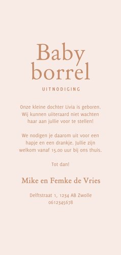 Uitnodiging baby borrel roze met een lijntekening Achterkant