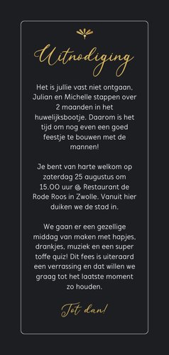 Uitnodiging bachelor party ticket man goud Achterkant