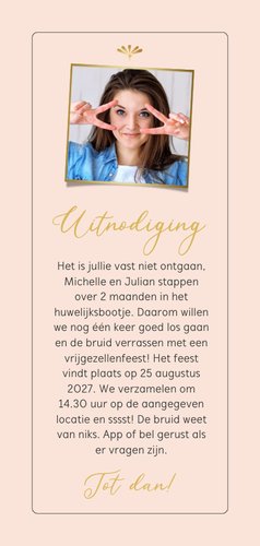 Uitnodiging Bachelorette party ticket goud vrijgezellenfeest Achterkant